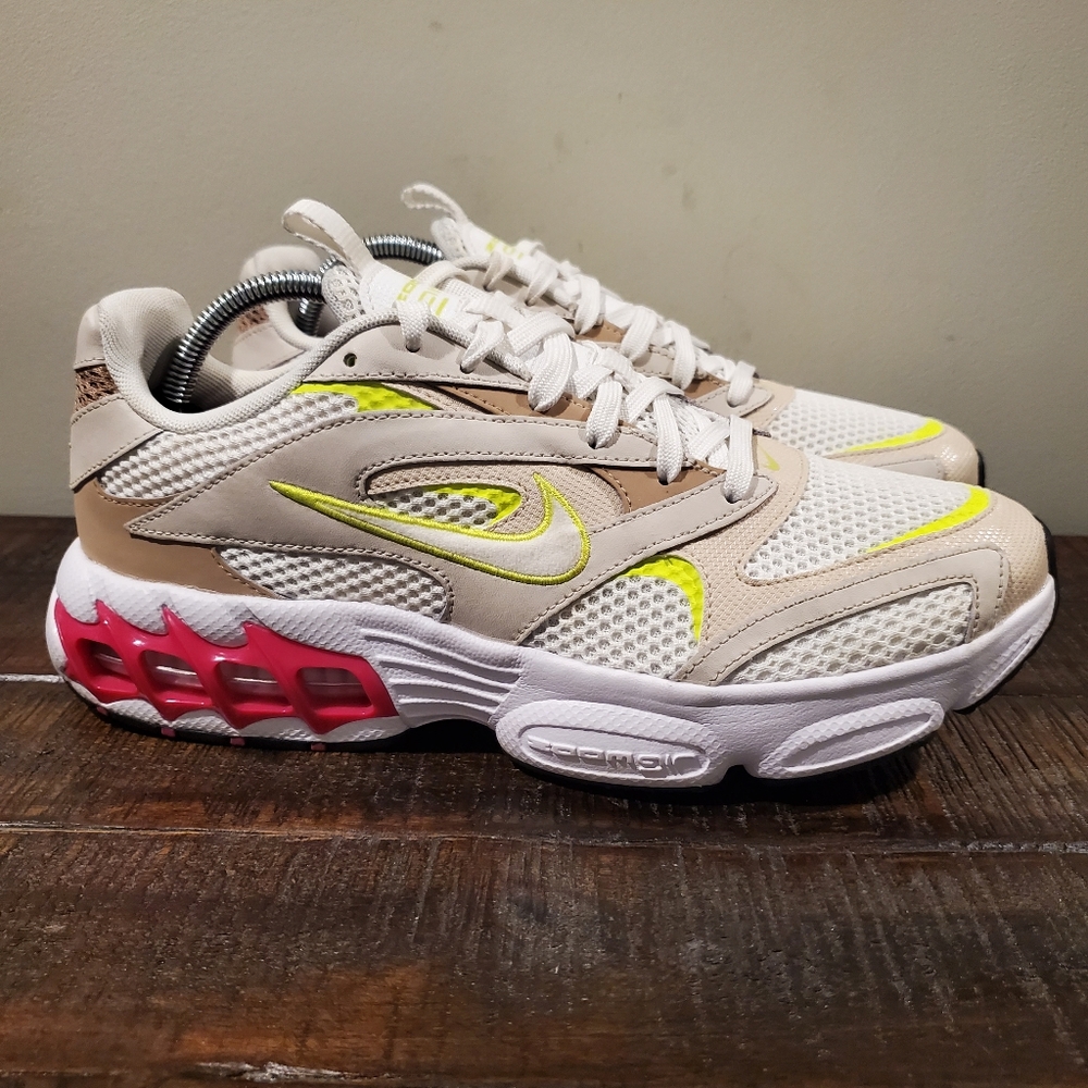 Nike Women’s Beige Mesh Running Sneakers with Neon Yellow & Pink Accents